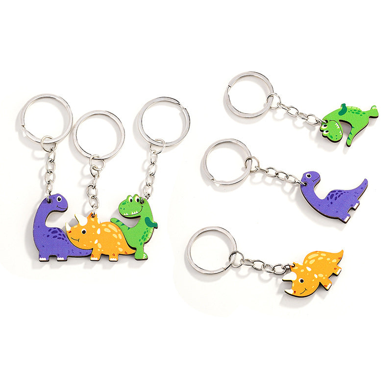 Wholesale of Three Cute Little Dinosaur Wooden Parent-child Keychains